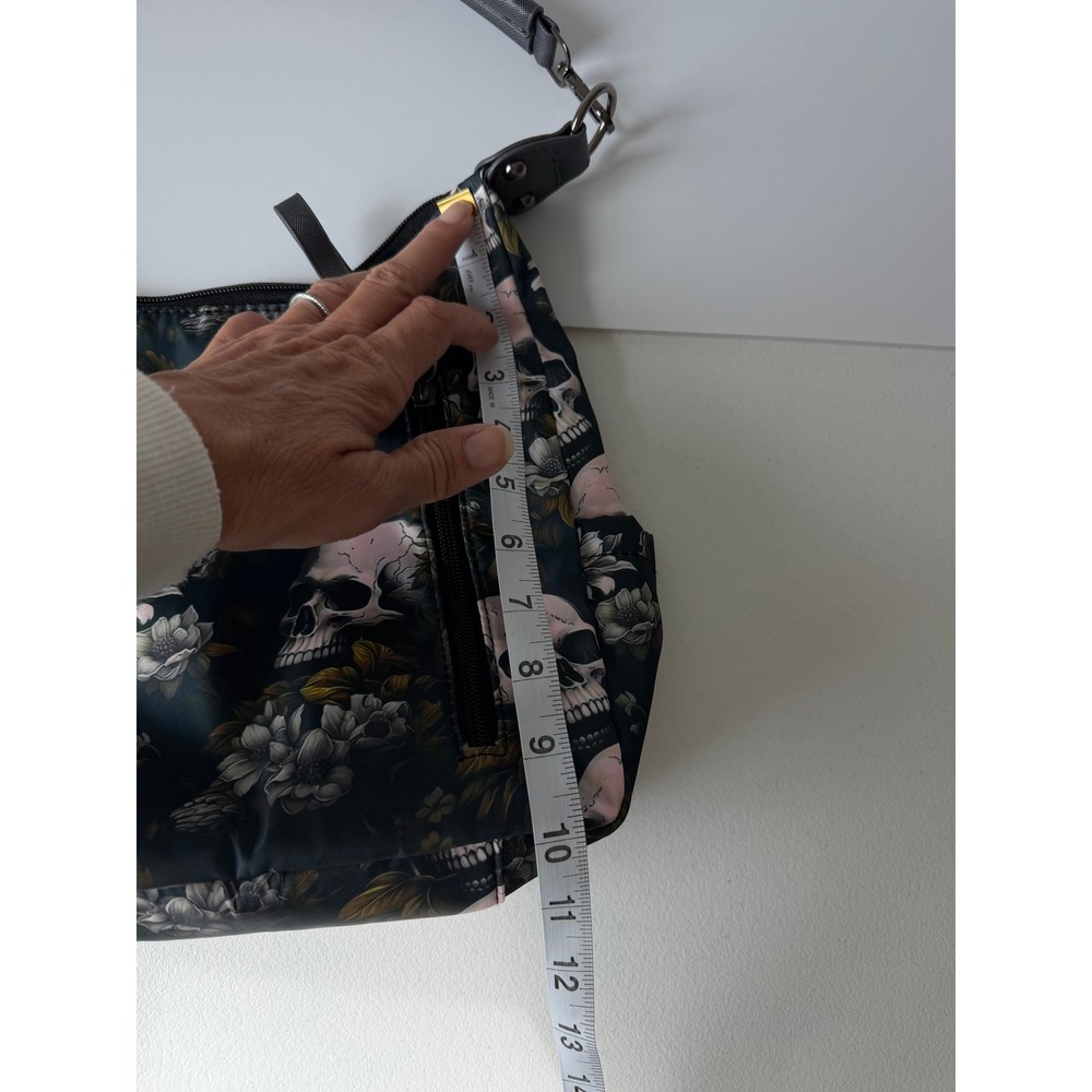 Skull Floral Print Shoulder Bag Medium Black Gothic Grunge Purse - Picture 8 of 9